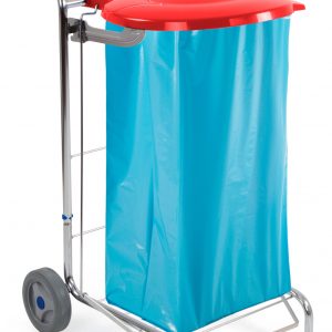 STOJALO za vrečko 120 L, na dveh kolesih, z rdečim pokrovom, na pedal, kromiran
