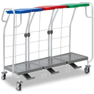 STOJALO za vrečke 3 x 70 L, na štirih kolesih, moder/rdeč/zelen pokrov, na pedal, rilsan ogrodje, z ročaji