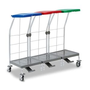 STOJALO za vrečke 3 x 70 L, na štirih kolesih, moder/rdeč/zelen pokrov, na pedal, rilsan ogrodje